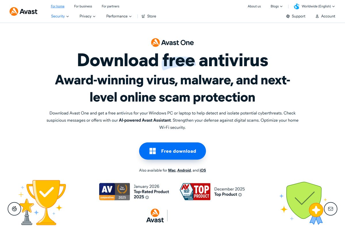 Avast download page with the free PC download button and system requirements