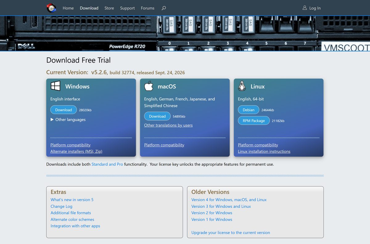 Official Beyond Compare download page with Windows, macOS and Linux files