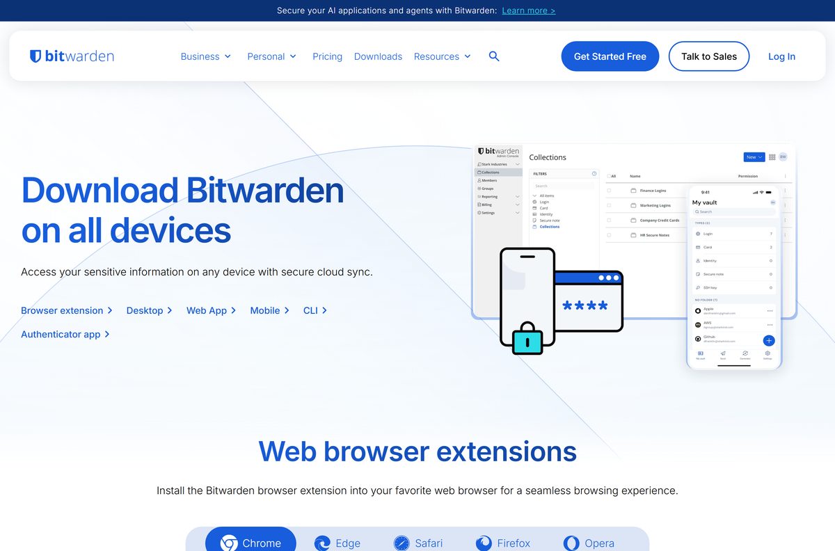Bitwarden download page with the Windows tab and its three builds