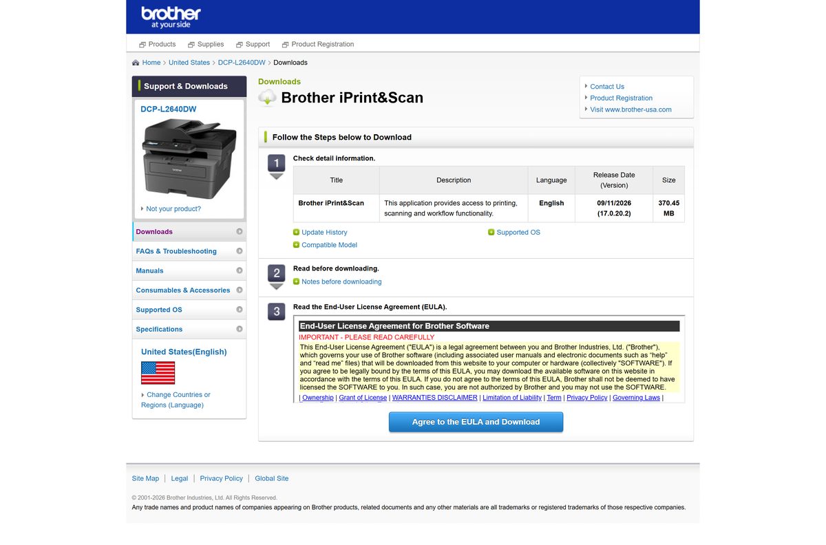Brother support download entry showing version, size and release date