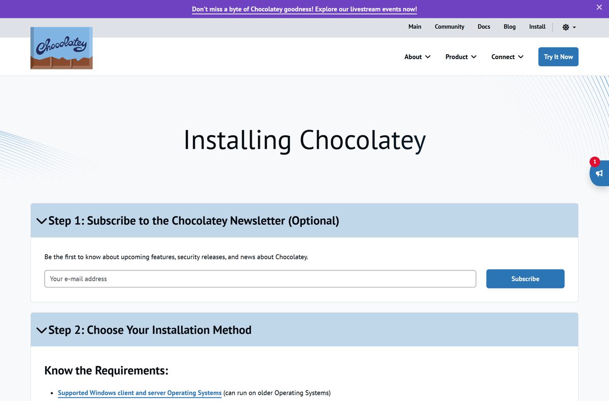 Chocolatey install page listing requirements and install methods