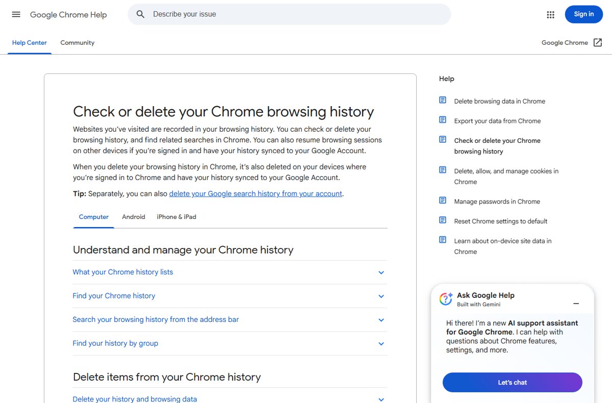 Official Chrome support page with tabs for Computer, Android and iPhone & iPad