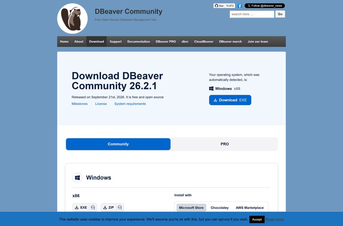 DBeaver Community download page listing Windows, macOS and Linux files