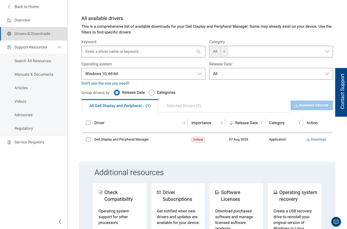 Dell Drivers and Downloads page listing the display and peripheral application