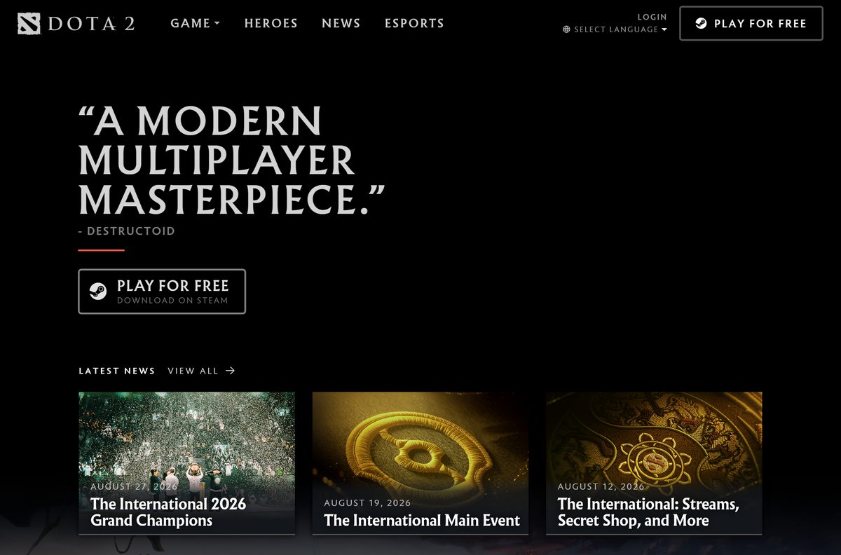Official Dota 2 website with Play for Free and Download on Steam buttons