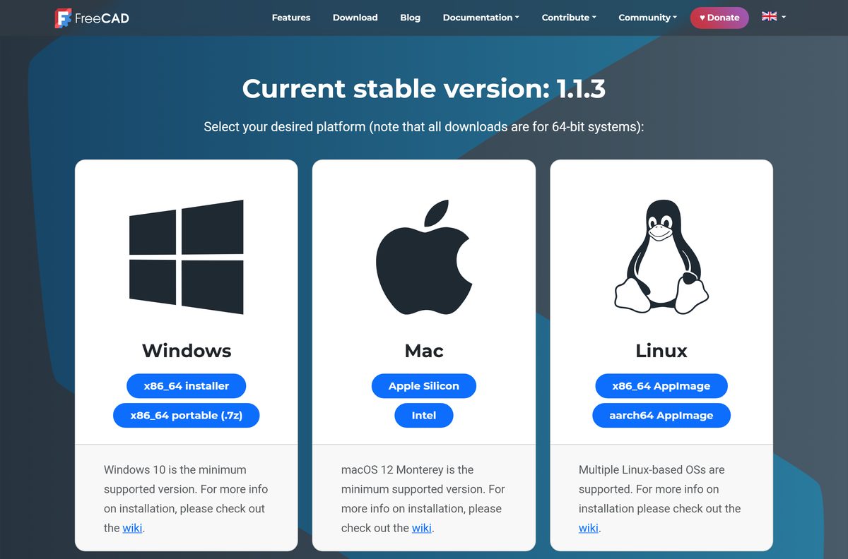 FreeCAD download page with Windows, Mac and Linux buttons