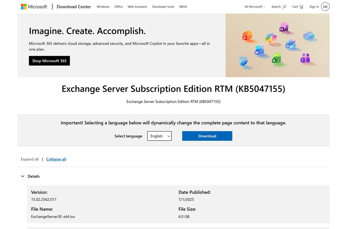 Microsoft Download Center entry for Subscription Edition showing version and file details