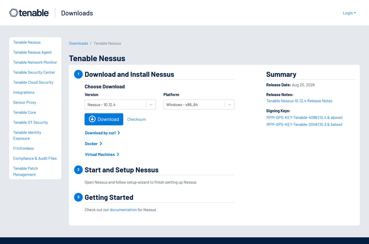 Tenable Nessus downloads page with version and platform selectors