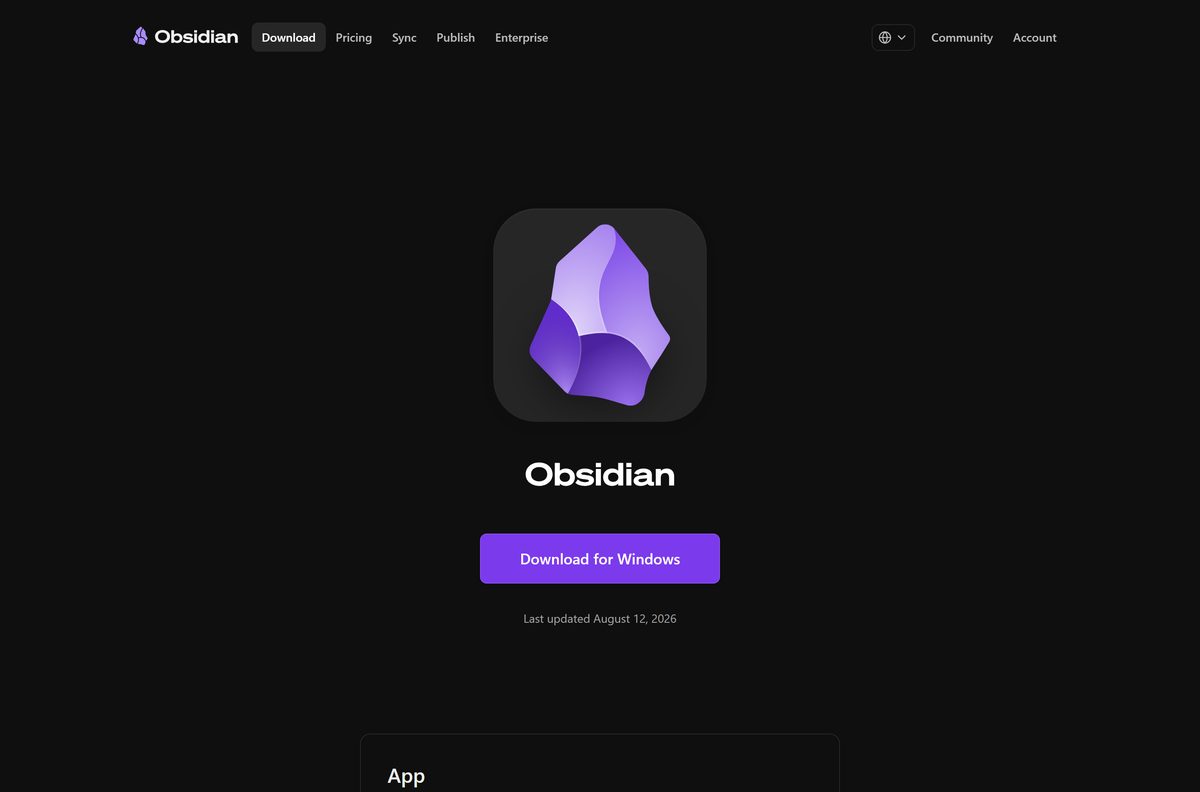 Official Obsidian download page with Windows, Mac and Linux builds