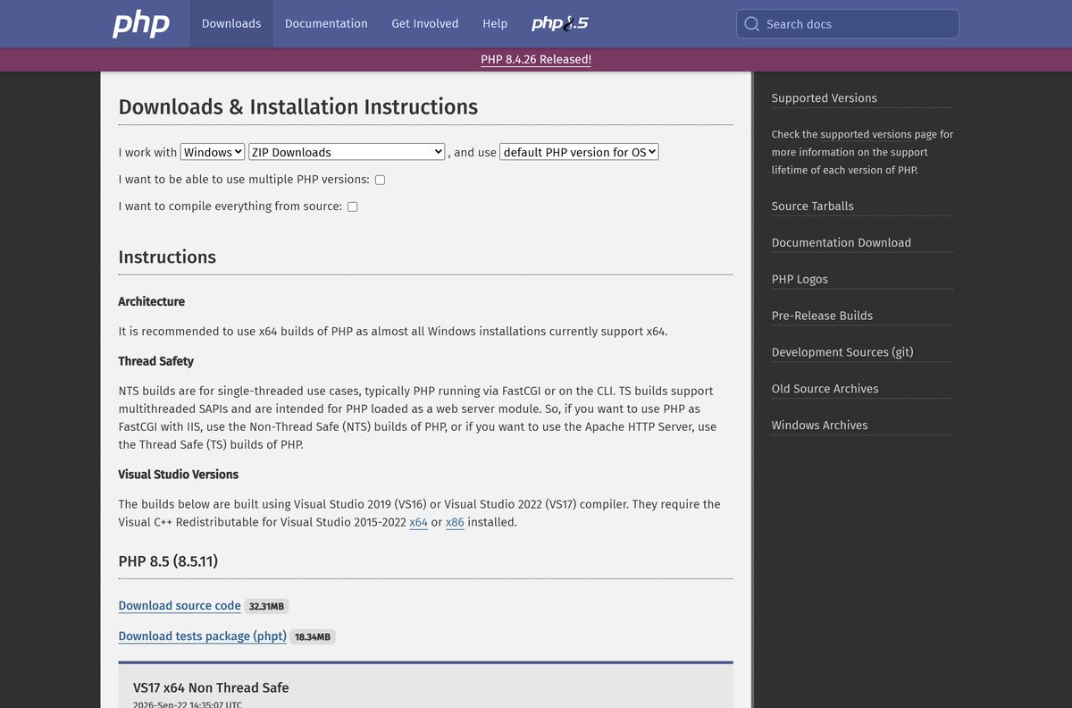 PHP downloads page listing Windows zip builds with hashes