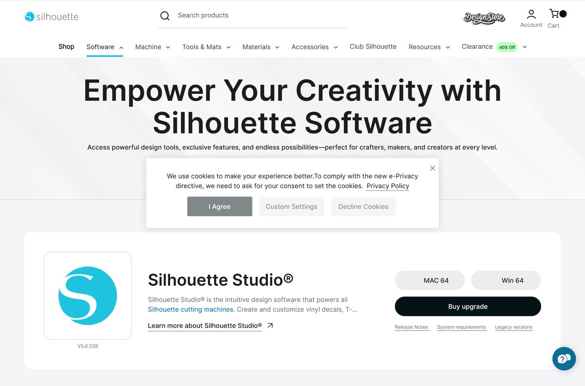 Silhouette America software page with the Silhouette Studio download buttons