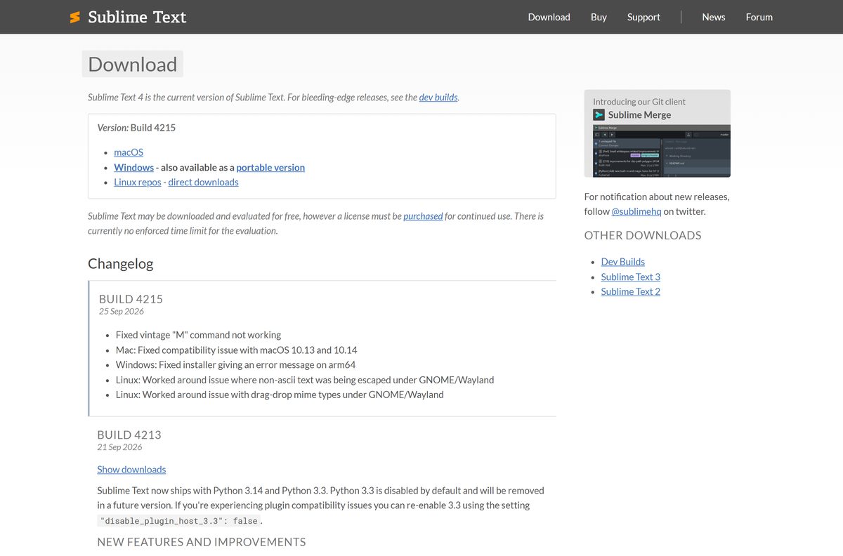Official Sublime Text download page with Windows, Mac and Linux files