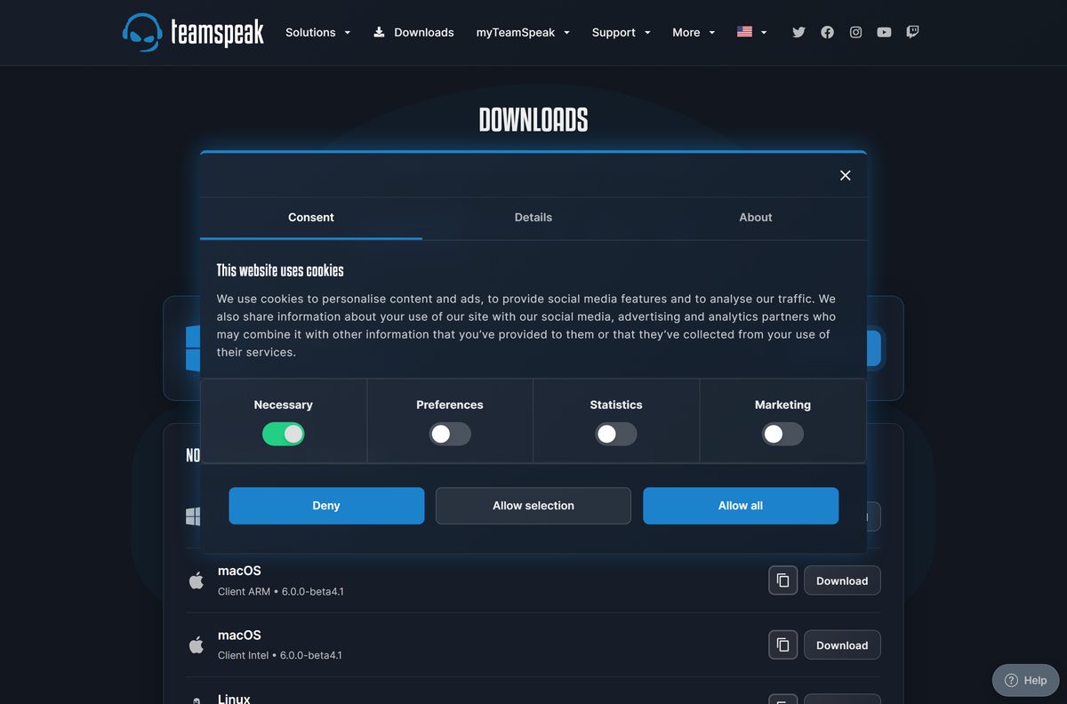 Official TeamSpeak downloads page with the Windows 64-bit client button