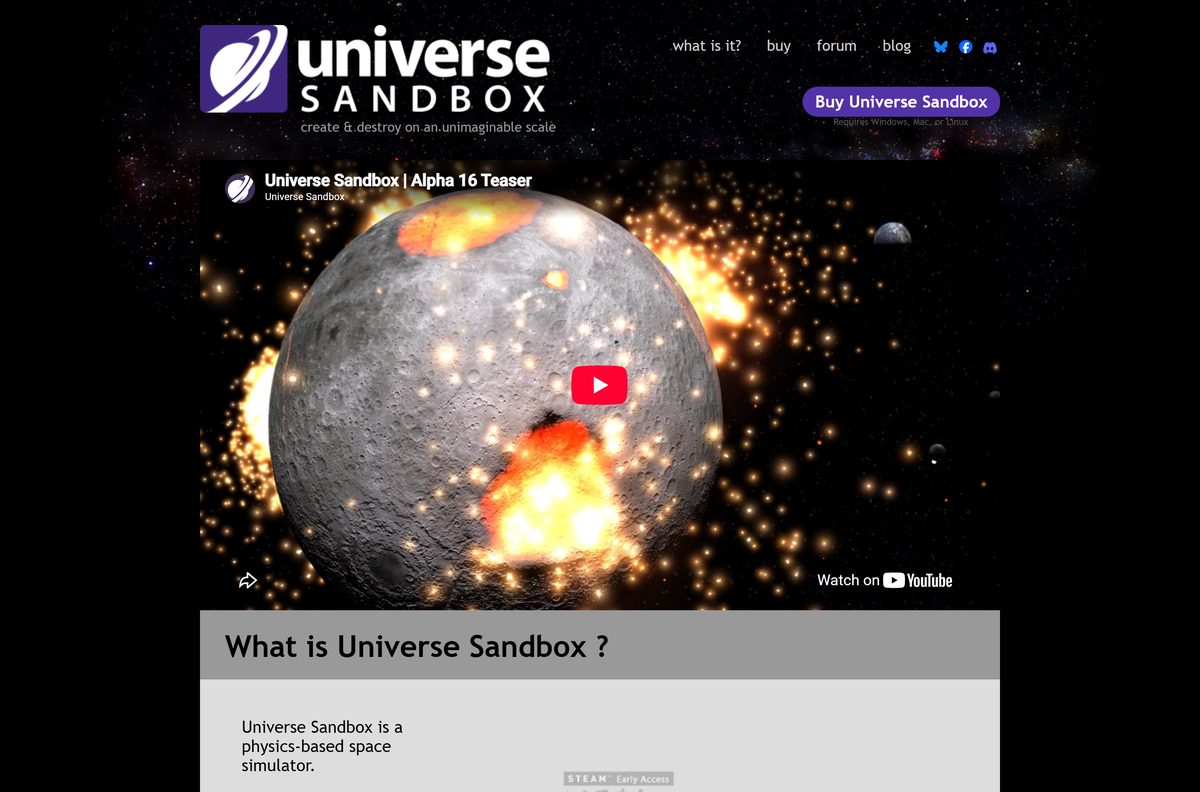 Official Universe Sandbox website with the Buy button and store links
