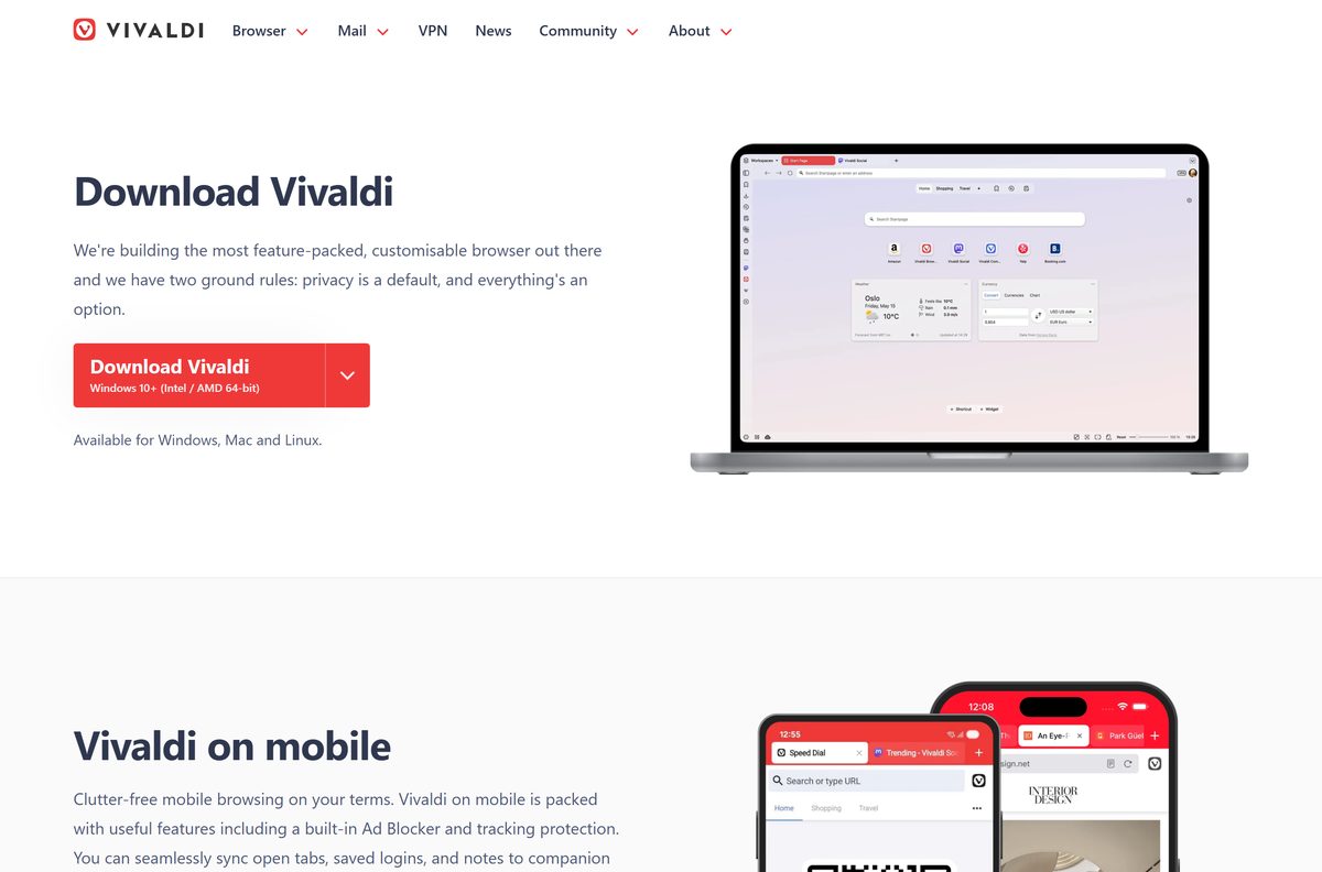 Official Vivaldi download page with the Windows 64-bit button