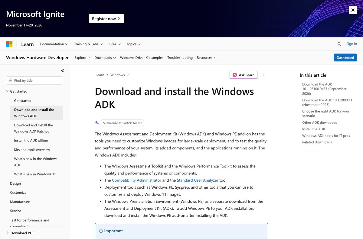 Microsoft Learn page listing the Windows ADK releases and their download links