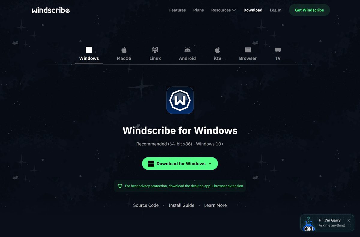 Official Windows download page with platform tabs and download button