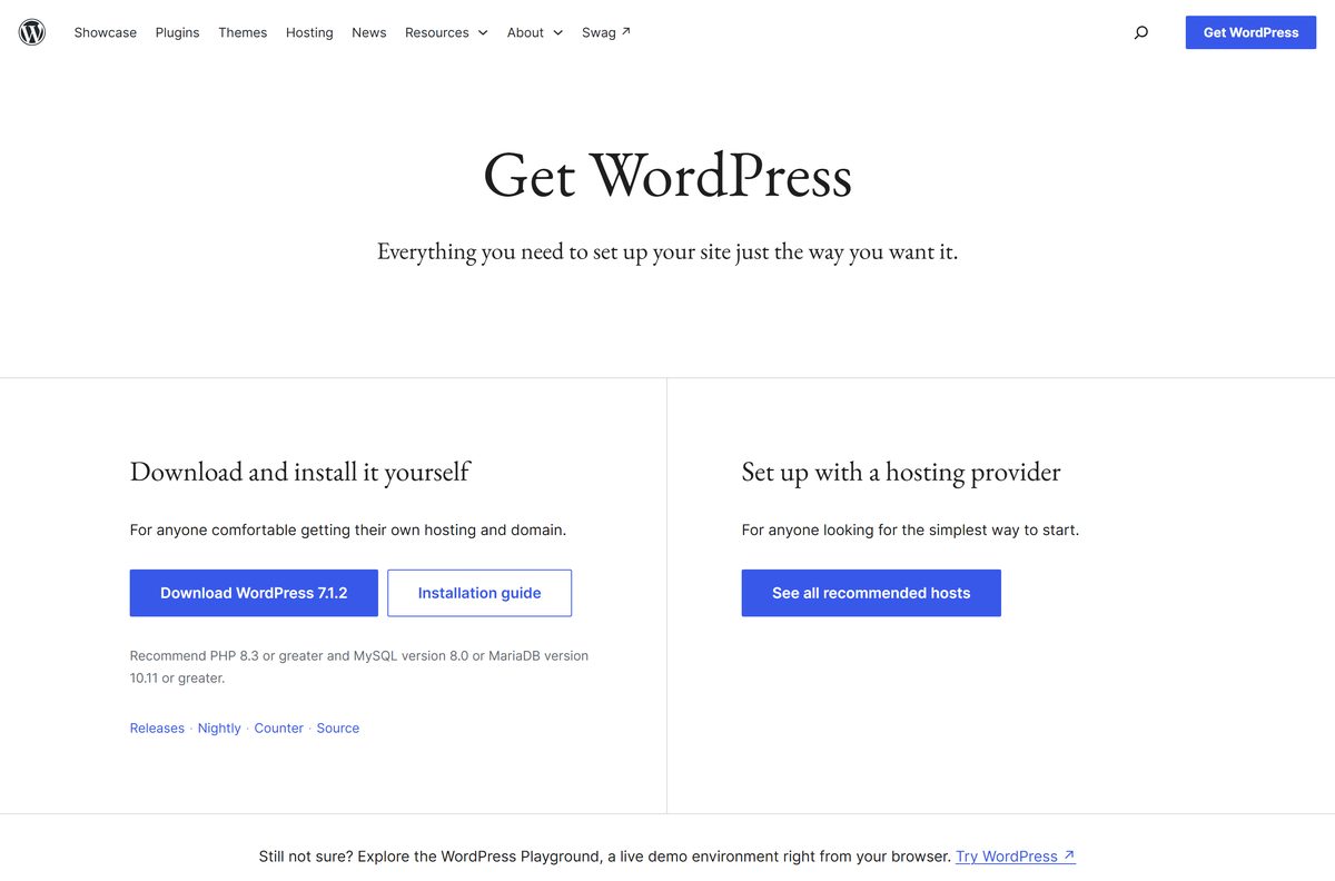 Official WordPress download page with the Download button