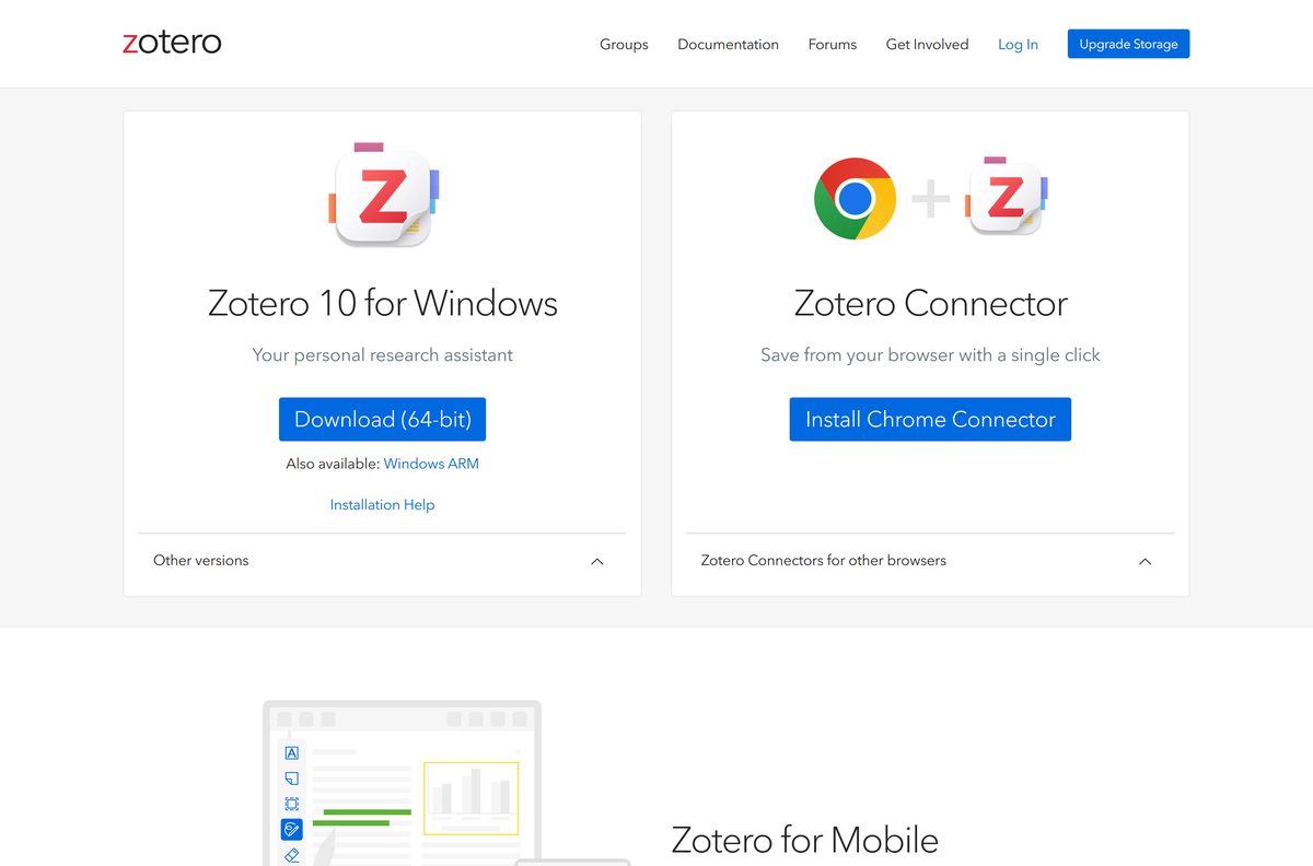 Official Zotero download page with the 64-bit Windows button