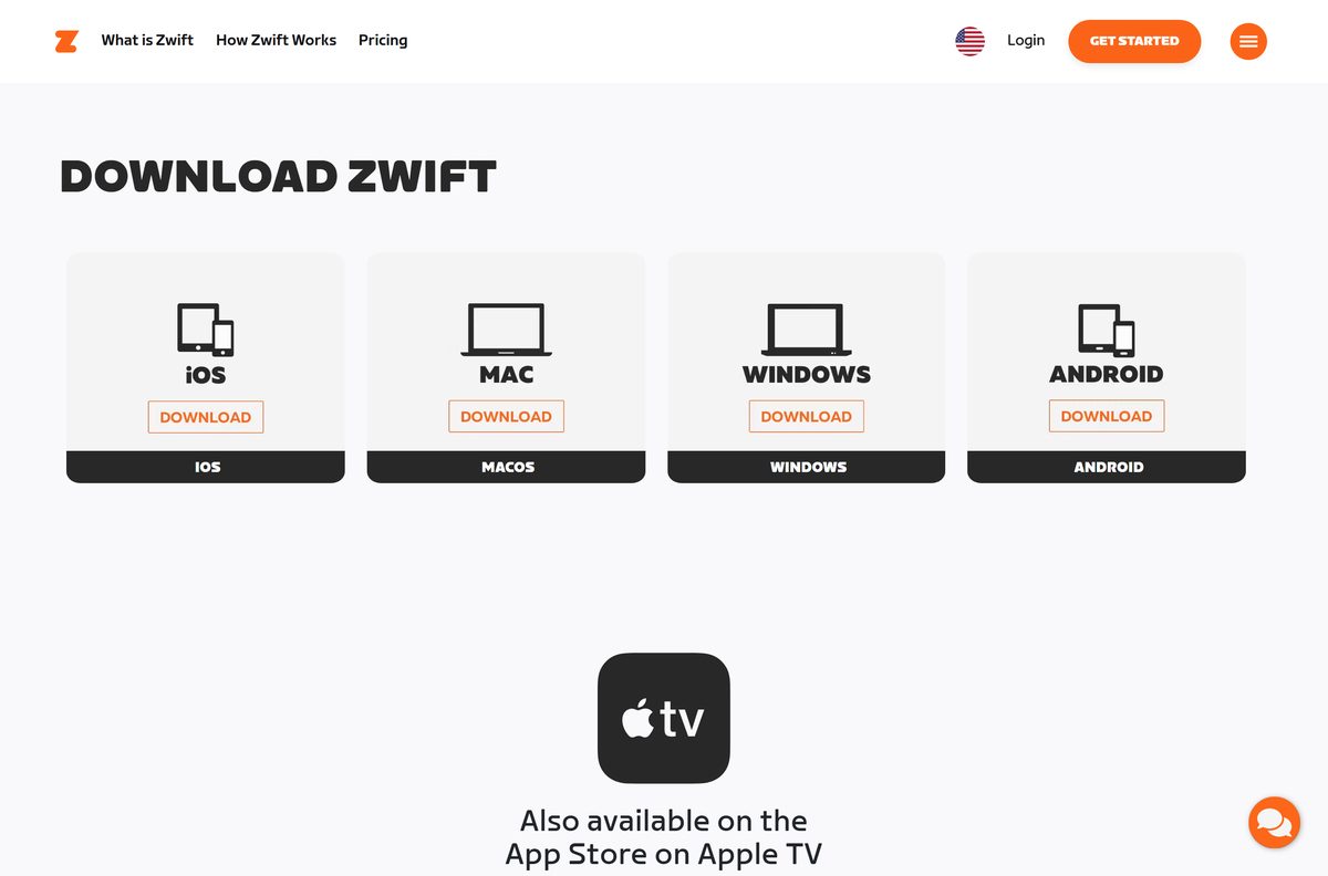 Zwift download page with Windows, macOS, iOS and Android buttons