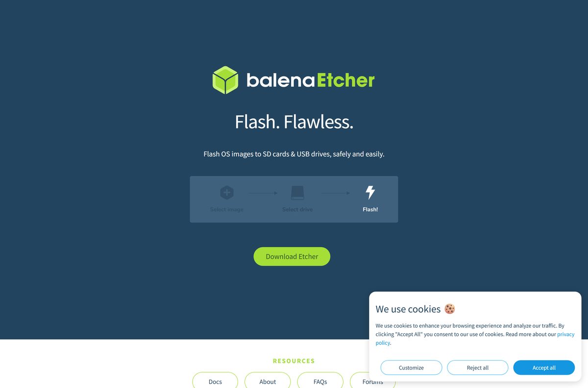 Official balenaEtcher page for flashing OS images to drives