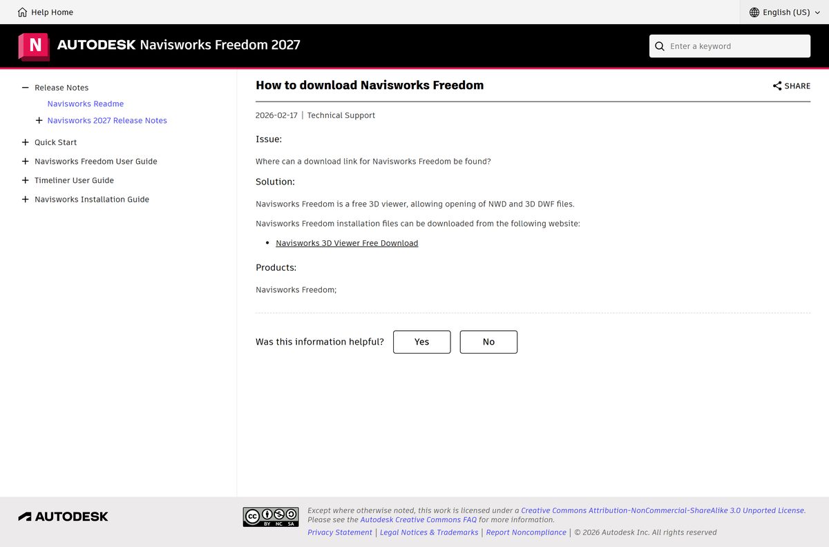Autodesk support article answering where the Navisworks Freedom download link lives
