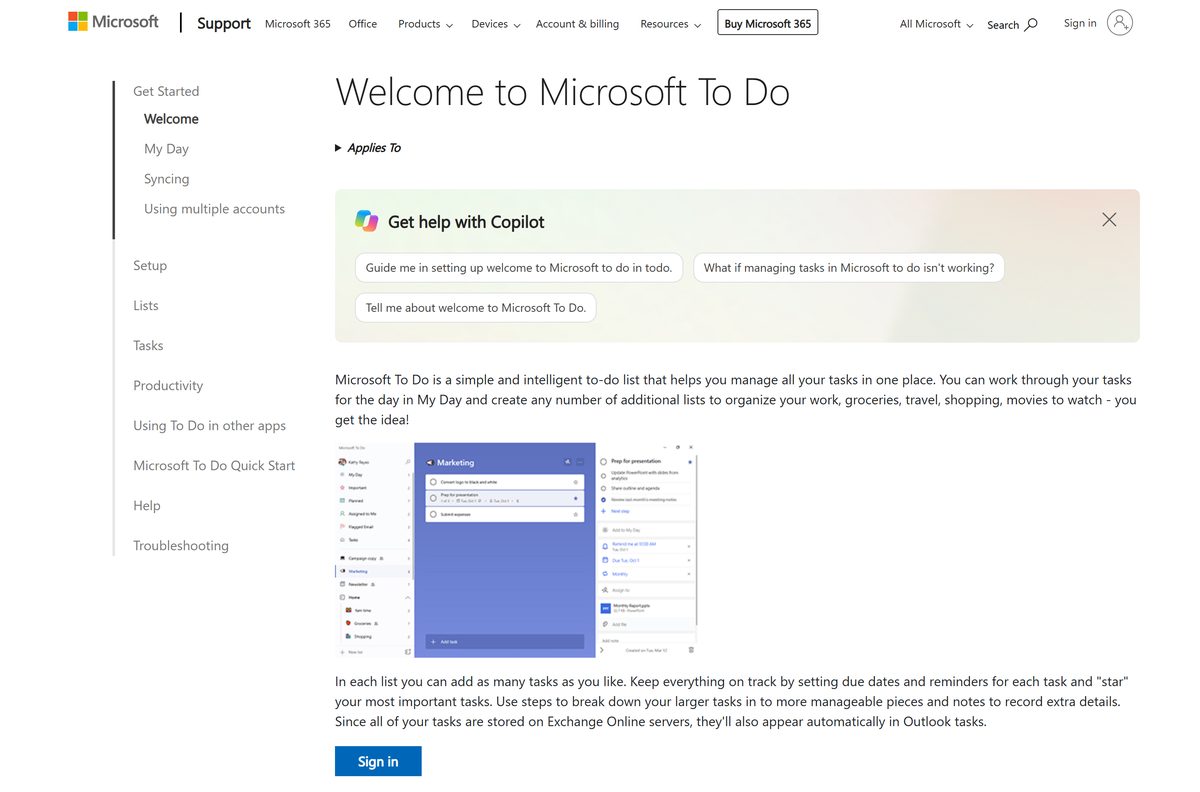 Microsoft support page with download buttons for Windows, Mac, iOS and Android