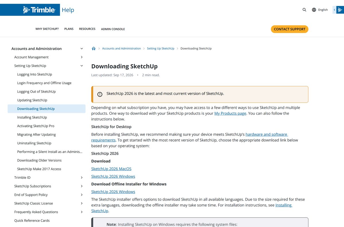 Trimble help page listing the SketchUp installers for Windows and Mac