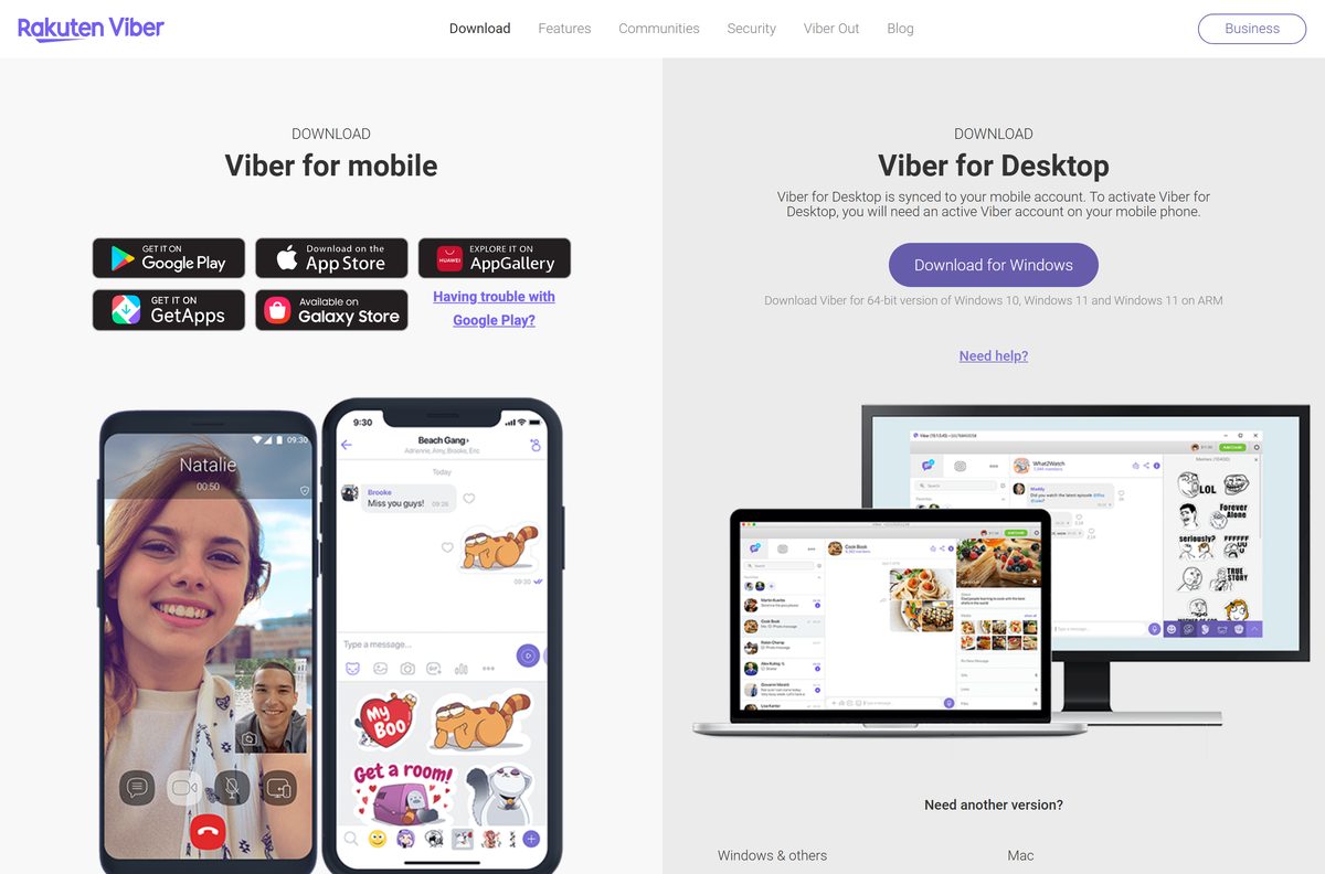 Rakuten Viber page with the Windows button and other desktop builds