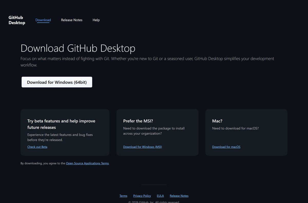 GitHub Desktop download page with Windows and Mac buttons