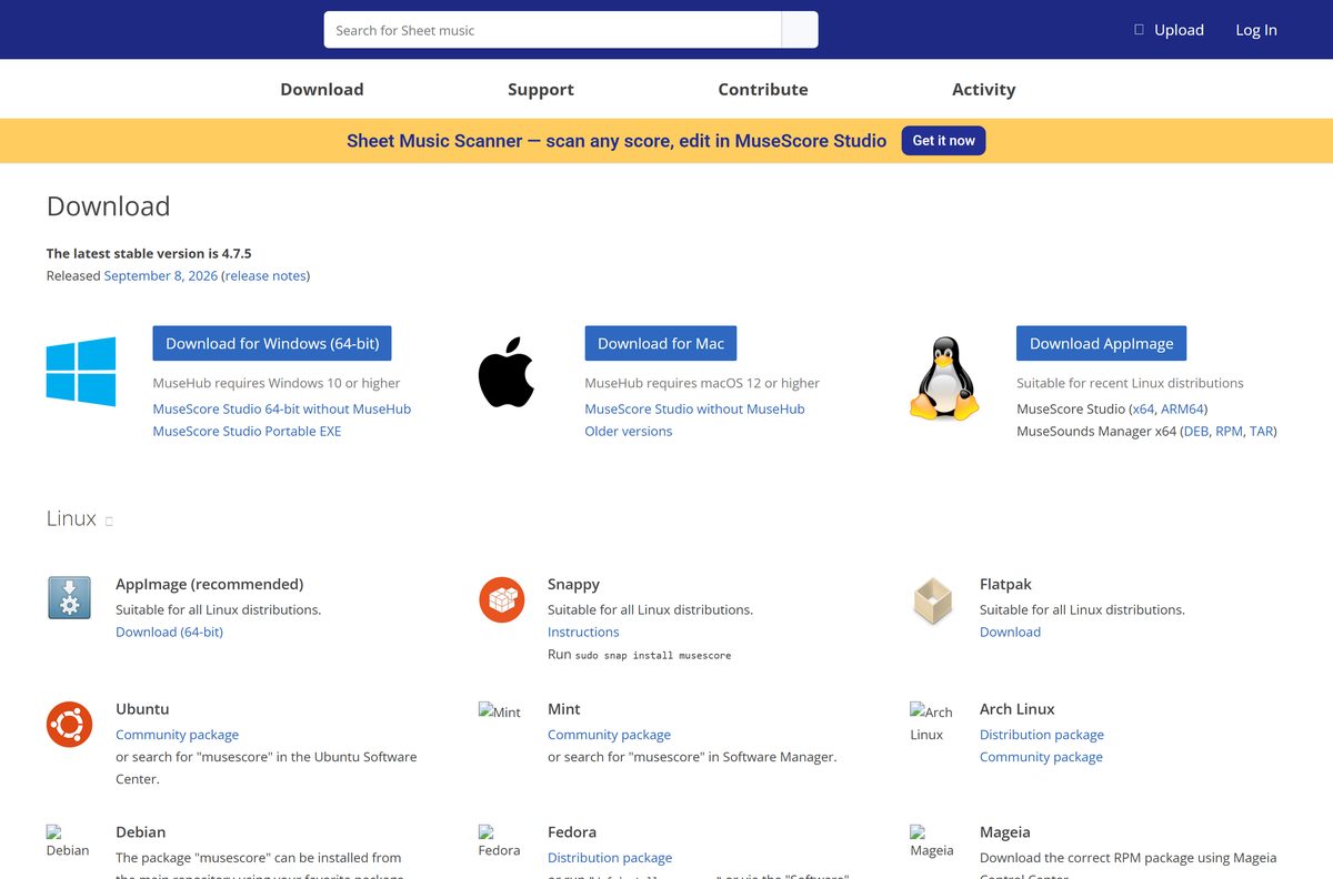 MuseScore Studio download page with Windows, Mac and Linux buttons