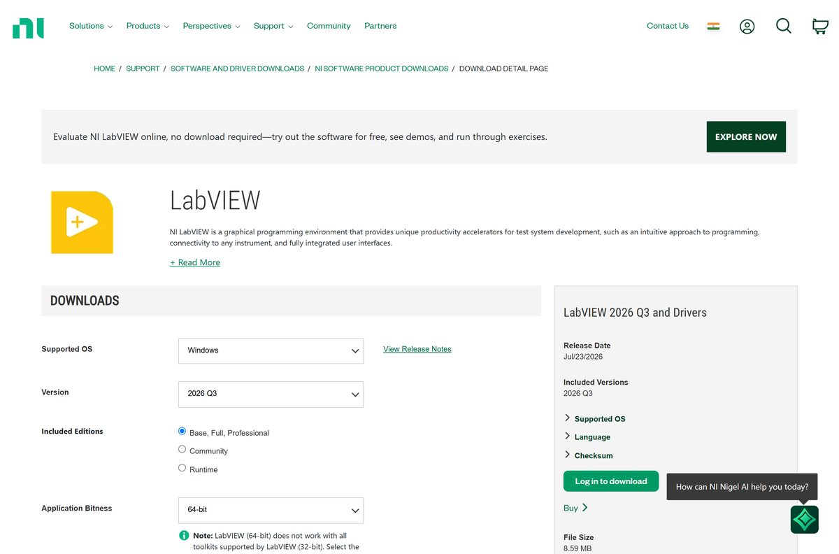 NI download page with operating system, version and bitness selectors