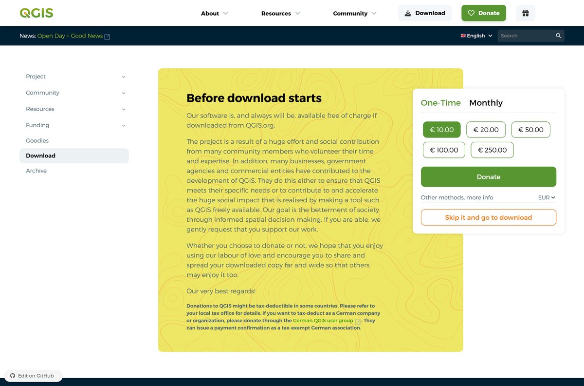 QGIS download page with its optional donation screen