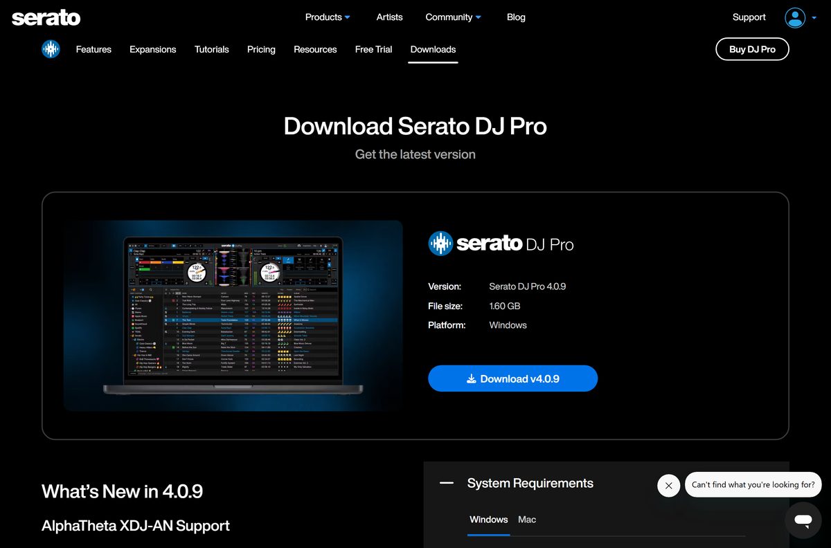 Serato DJ Pro download page with release notes and requirements