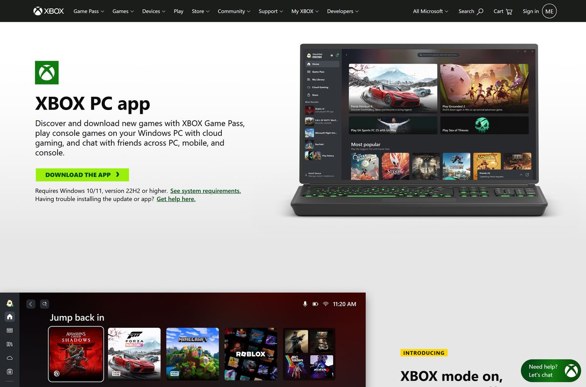 Official Xbox page with the download button for the Windows app