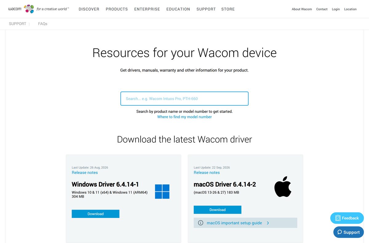 Drivers page with model search and current Windows and macOS downloads