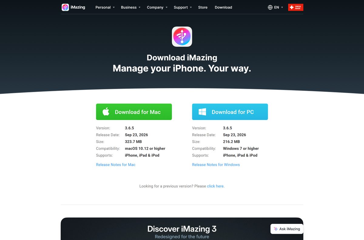 Official iMazing download page with the Mac and PC buttons