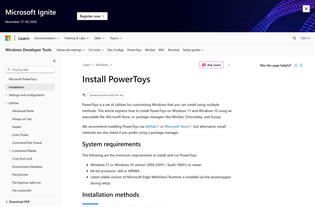 Microsoft Learn install page with the minimum system requirements listed