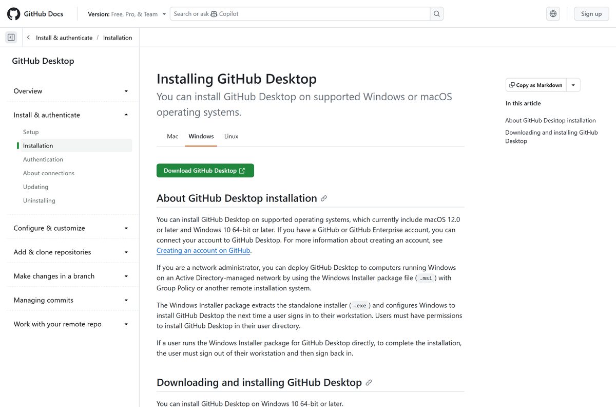 GitHub Desktop install guide listing supported operating systems