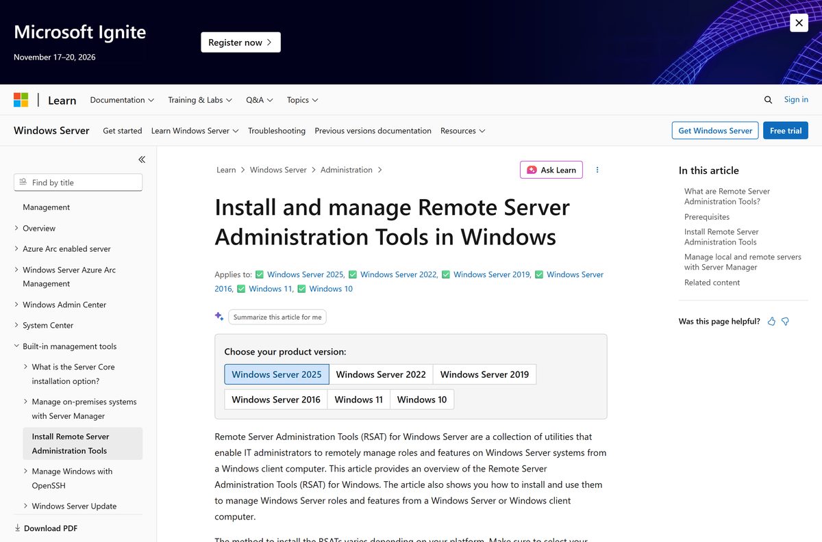 Microsoft Learn page explaining how to install RSAT on Windows clients