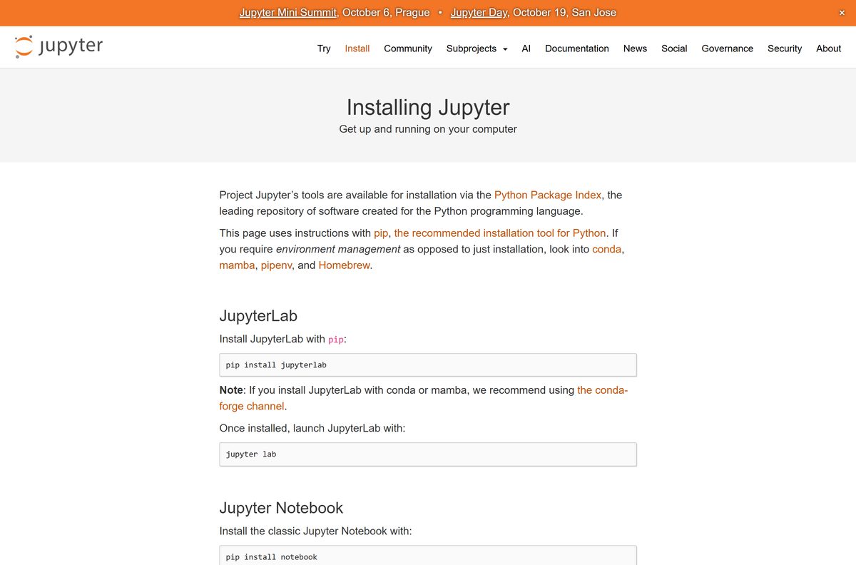 Official Jupyter install page showing the pip commands