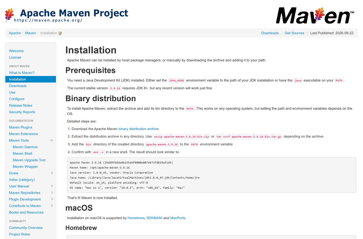 Apache Maven installation guide listing prerequisites and package manager commands