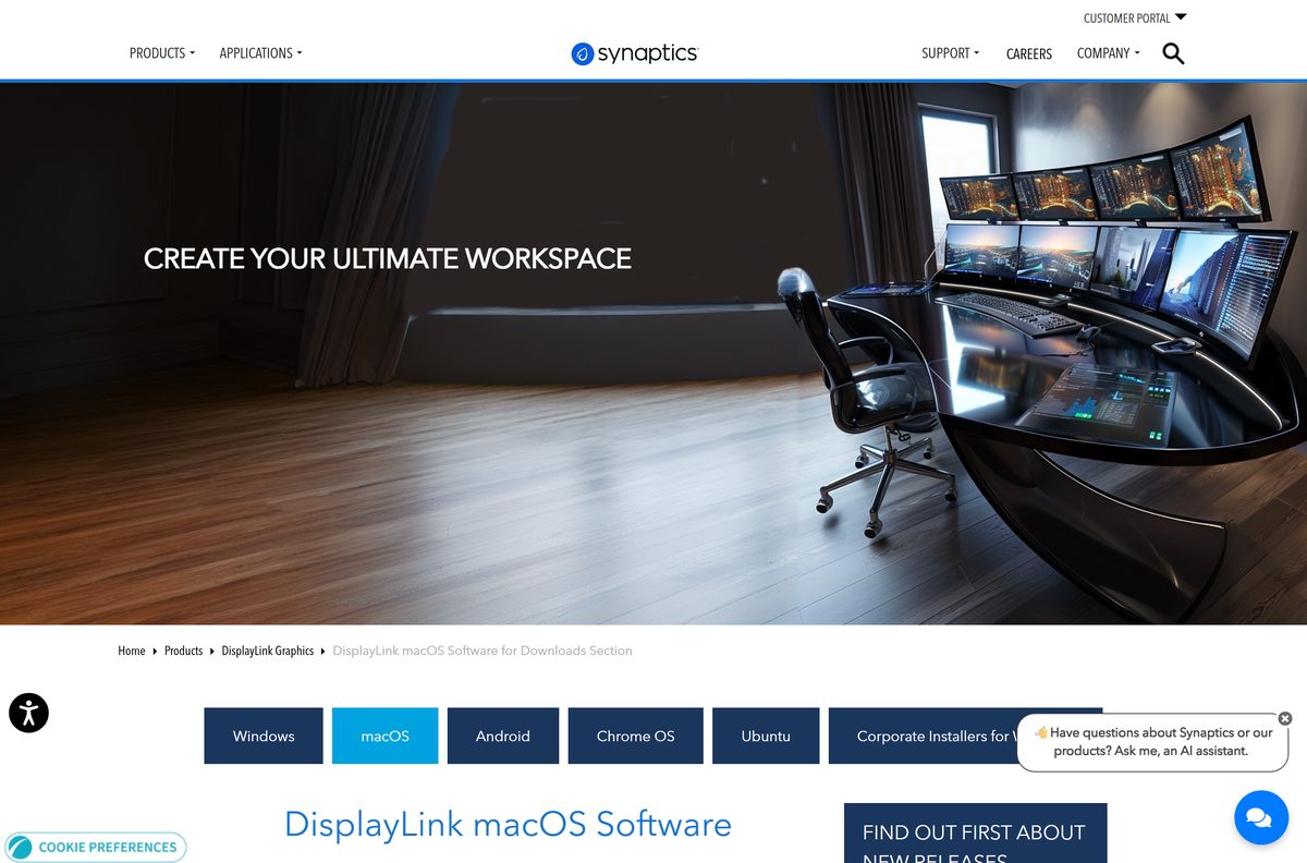 Synaptics macOS page listing Manager Graphics Connectivity releases by version