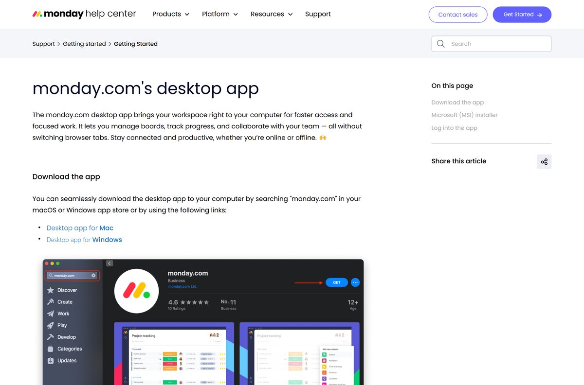 Official monday.com Help Center article with the desktop download links
