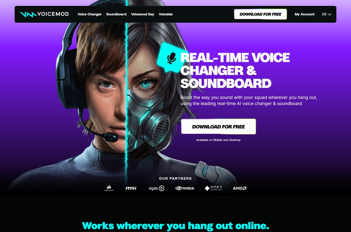 Voicemod homepage with the Download for Free button