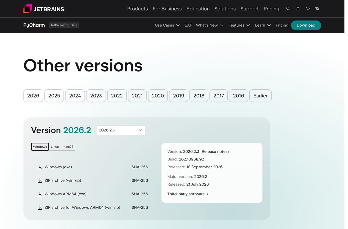 Other versions page for PyCharm listing older releases