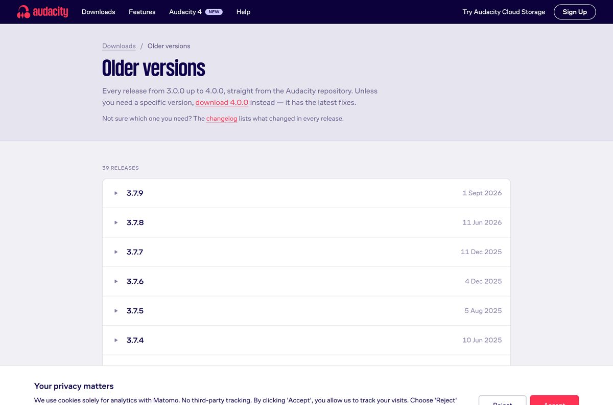 Audacity older versions page listing the 3.x releases