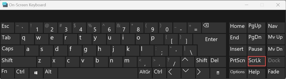 On-Screen Keyboard with the ScrLk key highlighted in red