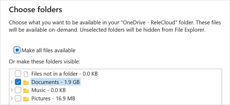 OneDrive Choose folders dialog listing Documents Music and Pictures with checkboxes