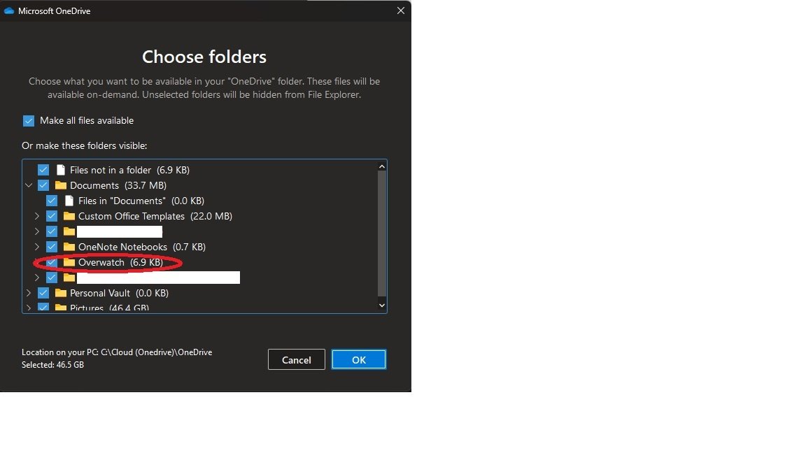 OneDrive Choose folders dialog listing Documents, Pictures and other folders with checkboxes